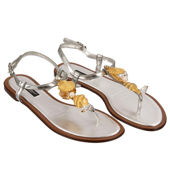 Dolce & Gabbana - Crystal Pearl Shell Leather Sandals INFRADITO Silver Gold 38.5 - Picture 1 of 5